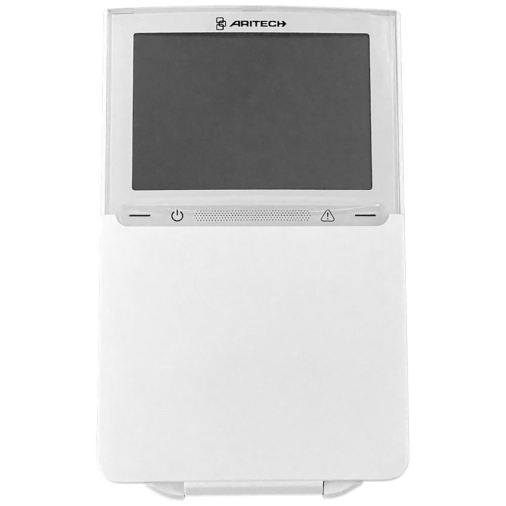 Aritech Axon-Bedienteil in Weiß mit großem LCD-Display, integriertem MIFARE-Leser, Summer und Tastenbeleuchtung, Frontansicht