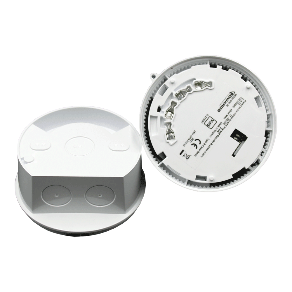 Aritech optischer Signalgeber FAC355WC mit geöffnetem Sockel und Geräteunterseite in weißer Ausführung