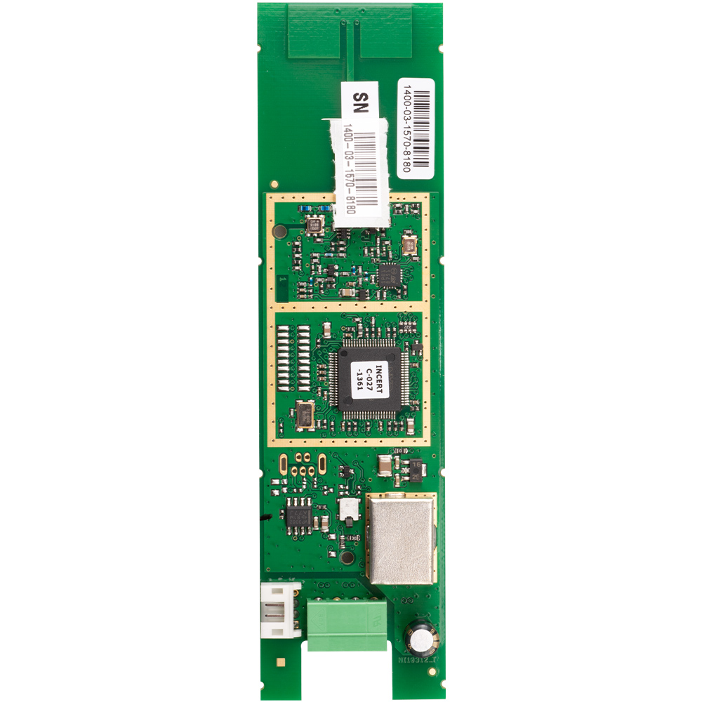 Jablotron BUS-Schnittstelle für JA-80 Funkgeräte, Leiterplatte mit Funkmodul und Anschlussklemmen, Frontansicht