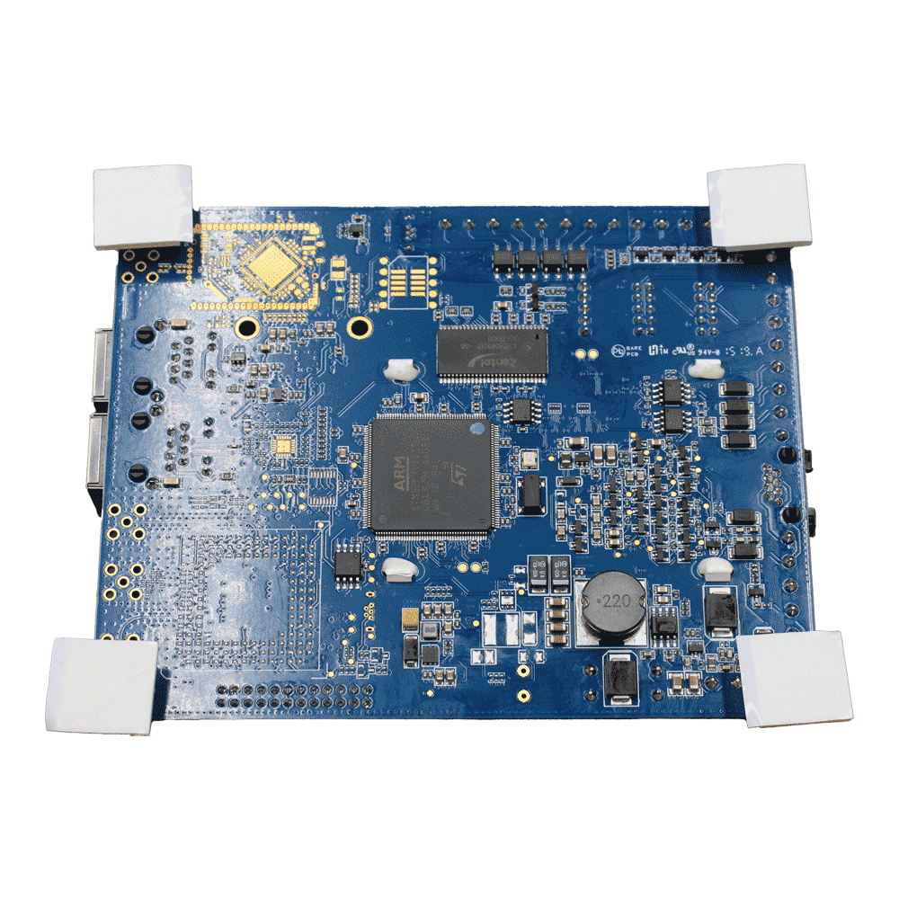 IP-Modul zur Alarmübertragung, Leiterplatte Rückseite mit elektronischen Bauteilen, blau, Draufsicht