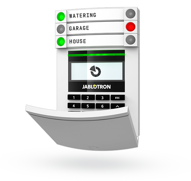 Jablotron BUS-Bedienteil, weiß, LCD-Display mit Tastatur und RFID-Leser, Frontansicht