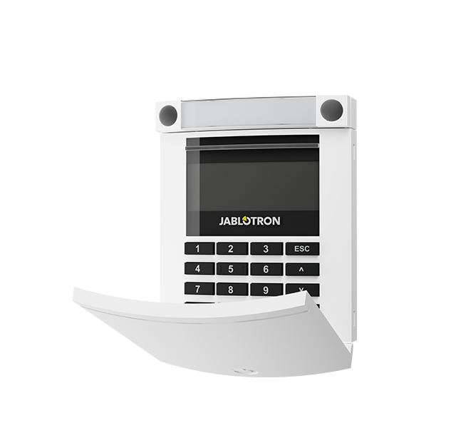 Jablotron BUS-Bedienteil, weiß, LCD-Display mit Tastatur und RFID-Leser, Frontansicht