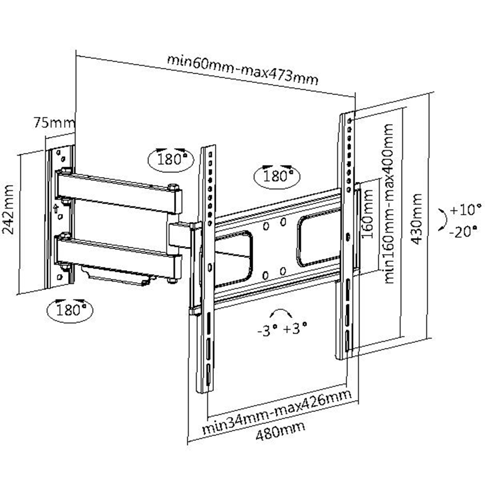 TV-Wandhalterung, Schwenkhalterung, VESA 400x400, Kabelmanagement, Metall