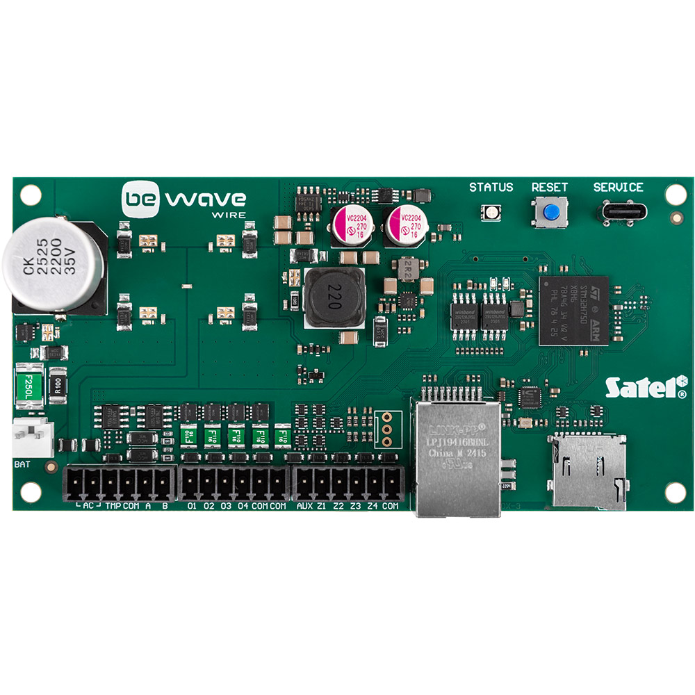 e WiFi board, Satel controller, Ethernet port, USB port, green PCB