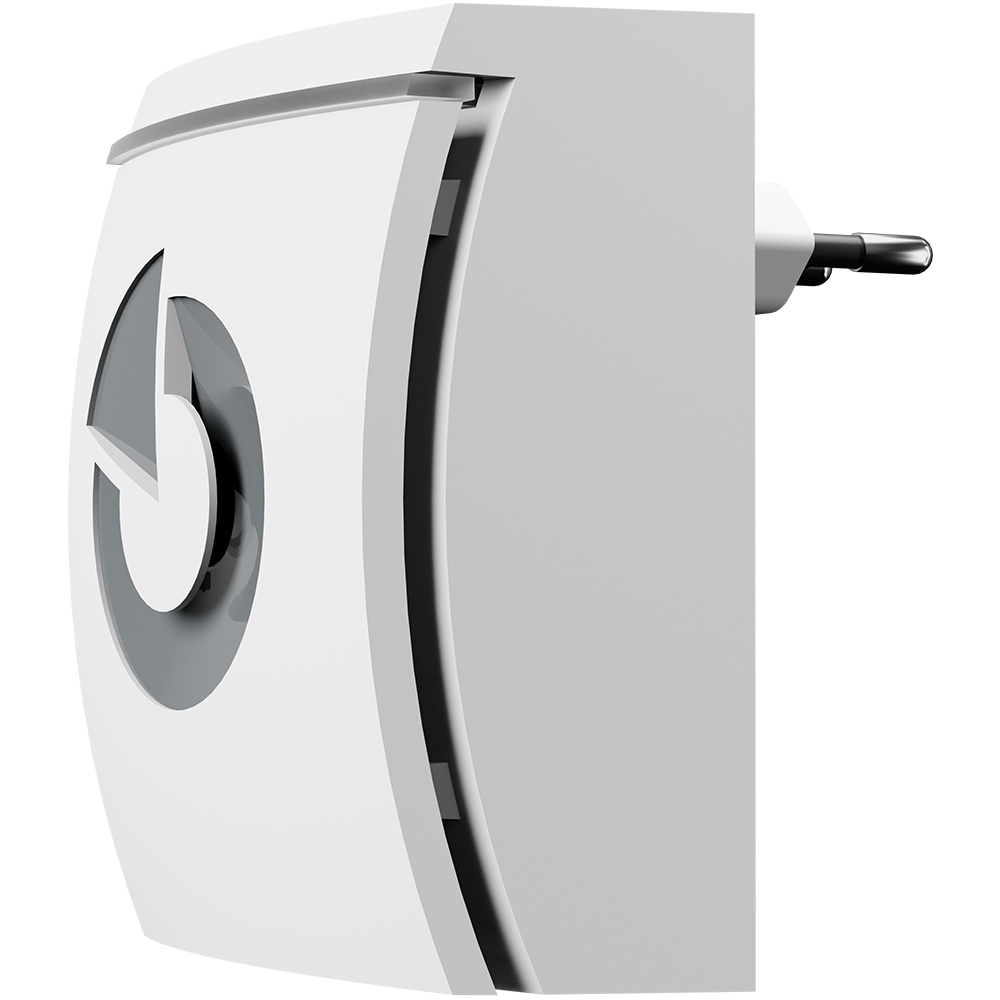 Jablotron Innensirene für Steckdose, Seitenanischt mit Logo und LED-Anzeige