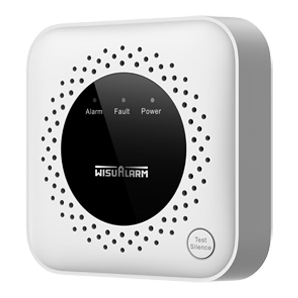 Dahua Gasmelder für Propan (LPG), weiß-schwarz, quadratische Front mit rundem Display, Statusanzeigen Alarm/Fault/Power und Test-Taste, diagonal links