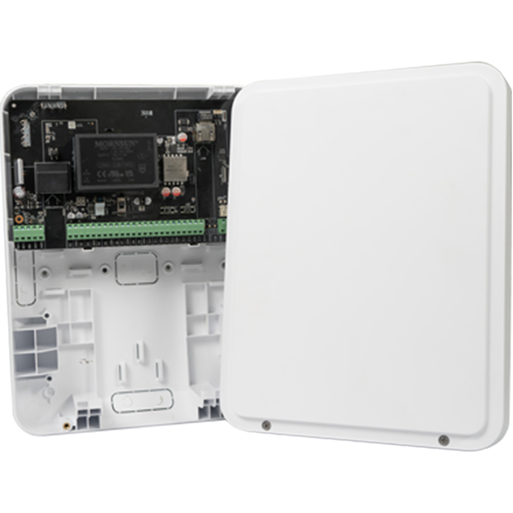 Dahua Multi-IO Funk-Transmitter 868 MHz mit 16 Eingängen, 4 Ausgängen und 2 AUX-Ausgängen, geöffnetes weißes Gehäuse