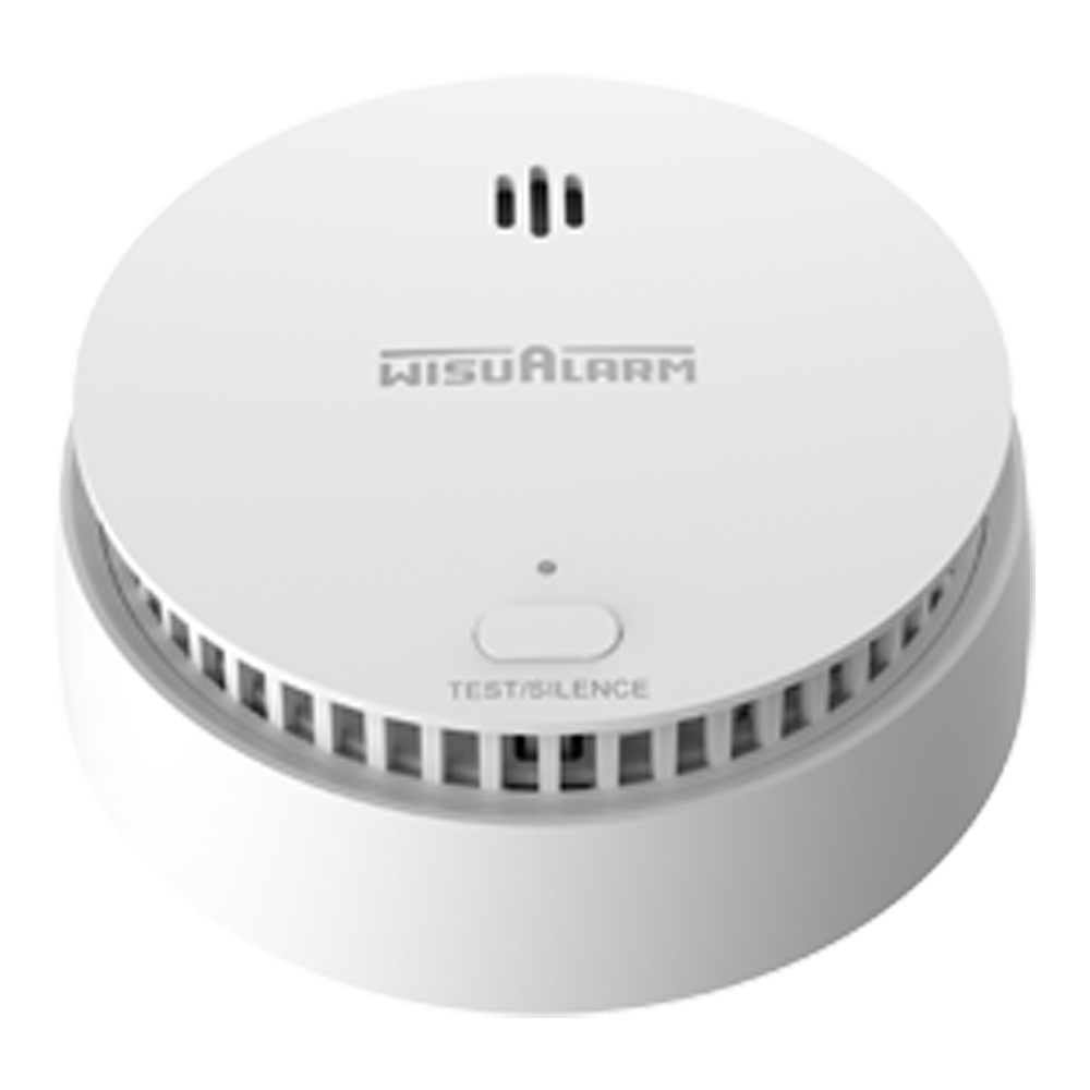 Dahua Funk-Rauchmelder, Top-ansicht, rundes weißes Gehäuse mit WisuAlarm-Logo, Test/Silence-Taste.