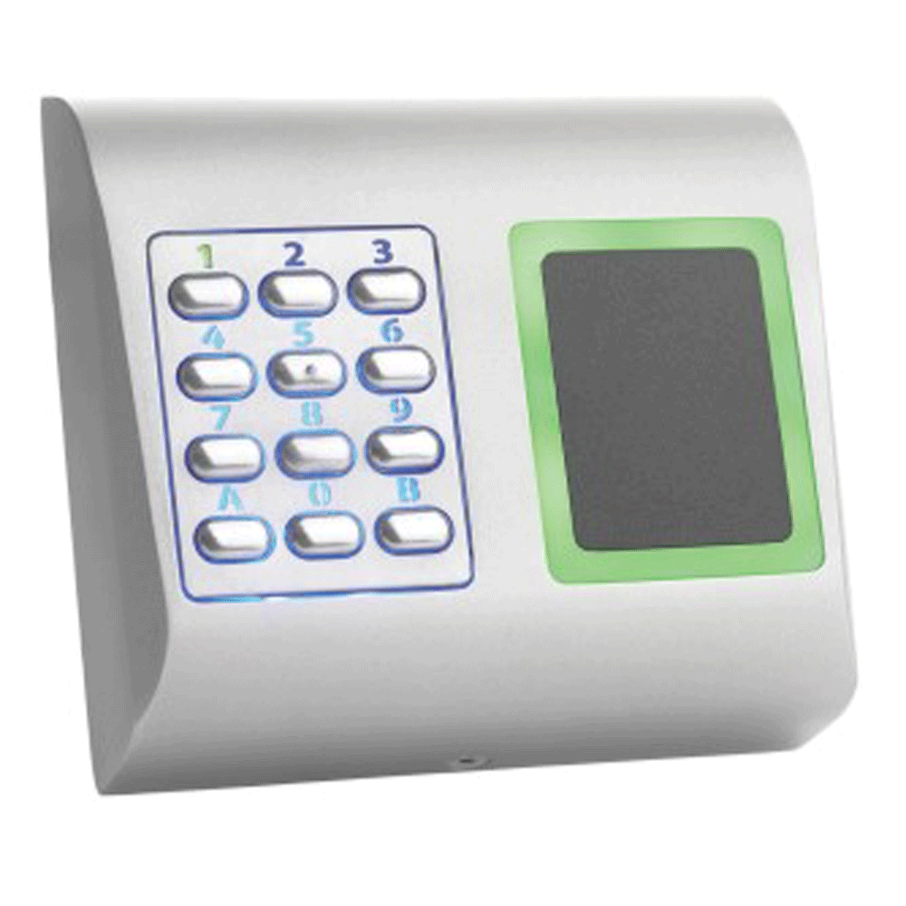 Kombigerät aus Wiegand-Tastatur und EM-Prox-Leser, weißes Gehäuse, Metalltasten mit Ziffern, Frontansicht