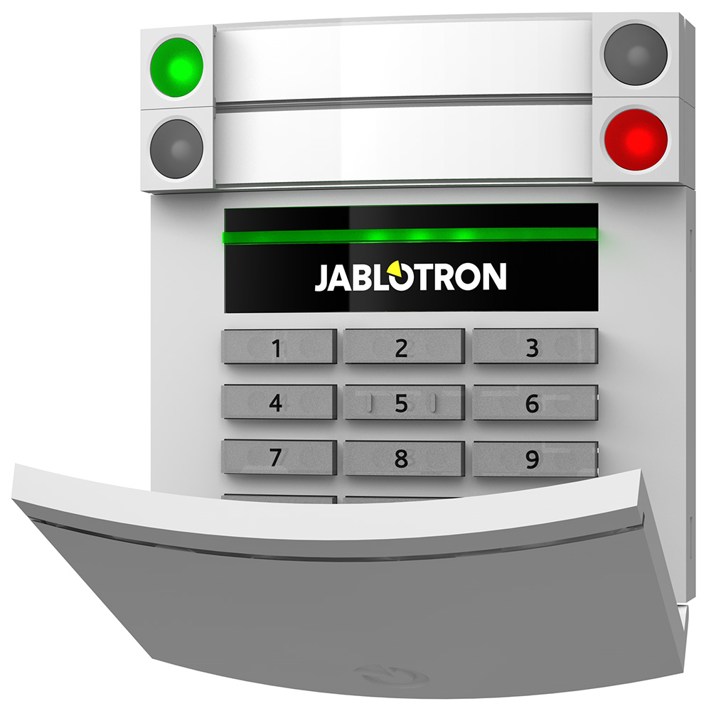 Jablotron BUS-Bedienteil und RFID-Lesegerät, Tastatur, Bildschirm, weiß, geöffnet