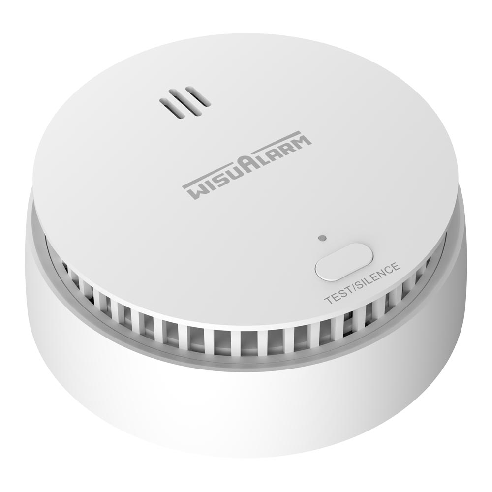 Dahua drahtloser, vernetzbarer Rauchmelder, Top-ansicht, weißes rundes Gehäuse, 10-Jahres-Batterie, Test/Silence-Taste