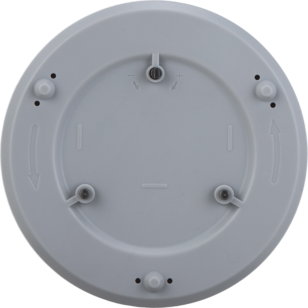 Rückseite eines grauen Wassermelders mit Bohrungen und Befestigungspunkten zur Wand- oder Bodenmontage