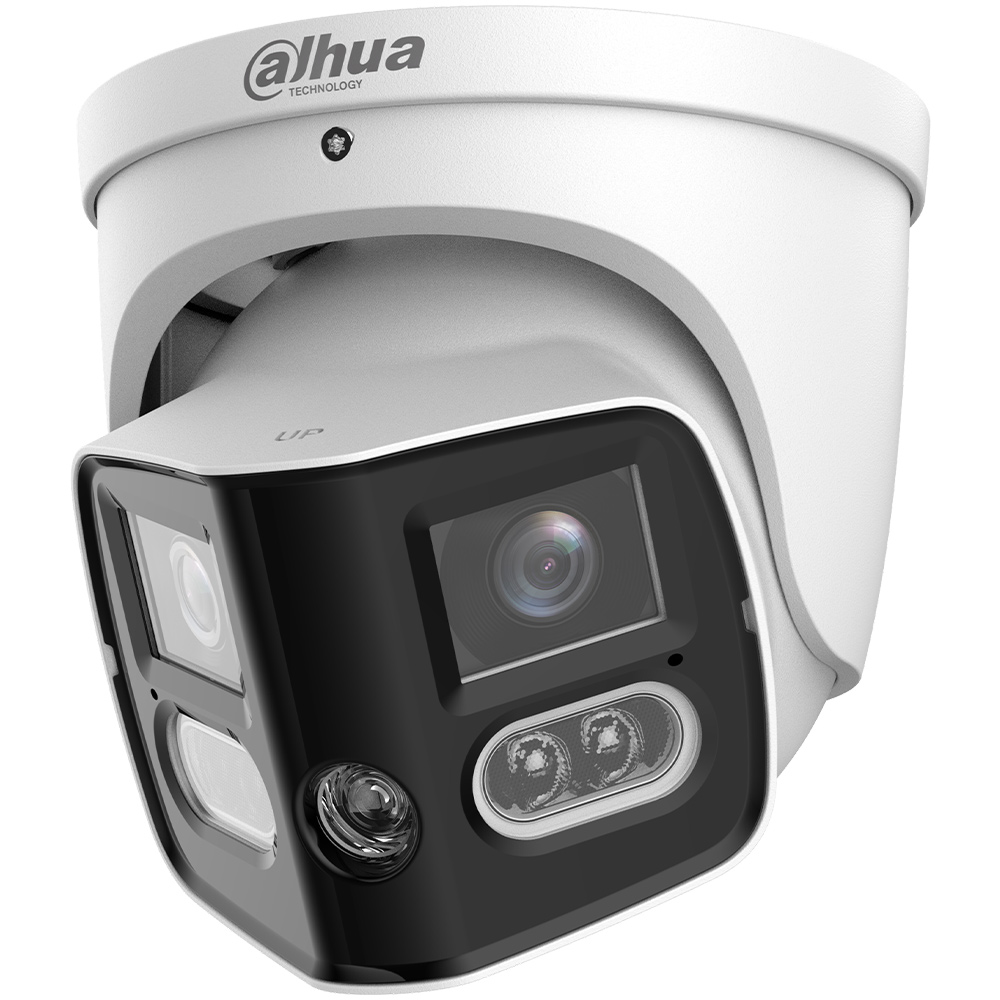 Dual-Lens-Eyeball-Kamera im weißen GEhäuse mit Dahua Branding, diagonal nach links gedreht