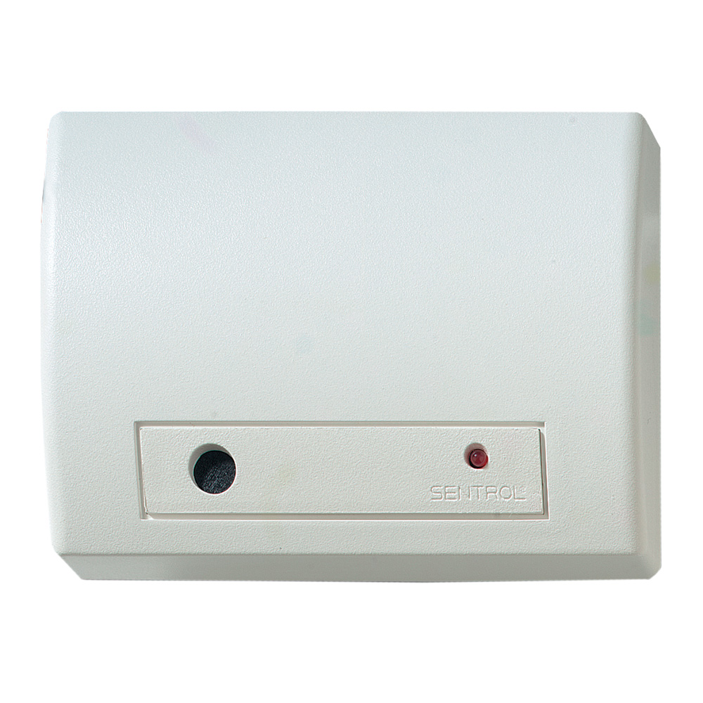 Glasbruchmelder für Funkeinbau in weißem Gehäuse, Frontansicht mit Sensoröffnung und roter Status-LED