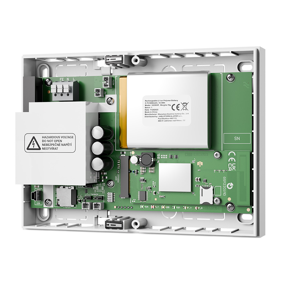 Jablotron Funkalarmzentrale JA-152KRY, geöffnet, Innenansicht mit Elektronik