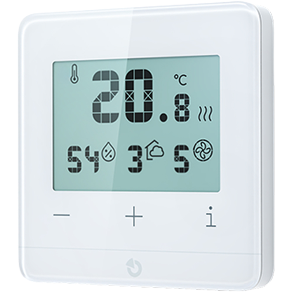 BUS-Temperatur-Sensor in weiß mit LED-Display inklusive digitaler Anzeige, sowie "Plus", "Minus" und Informationsbutton