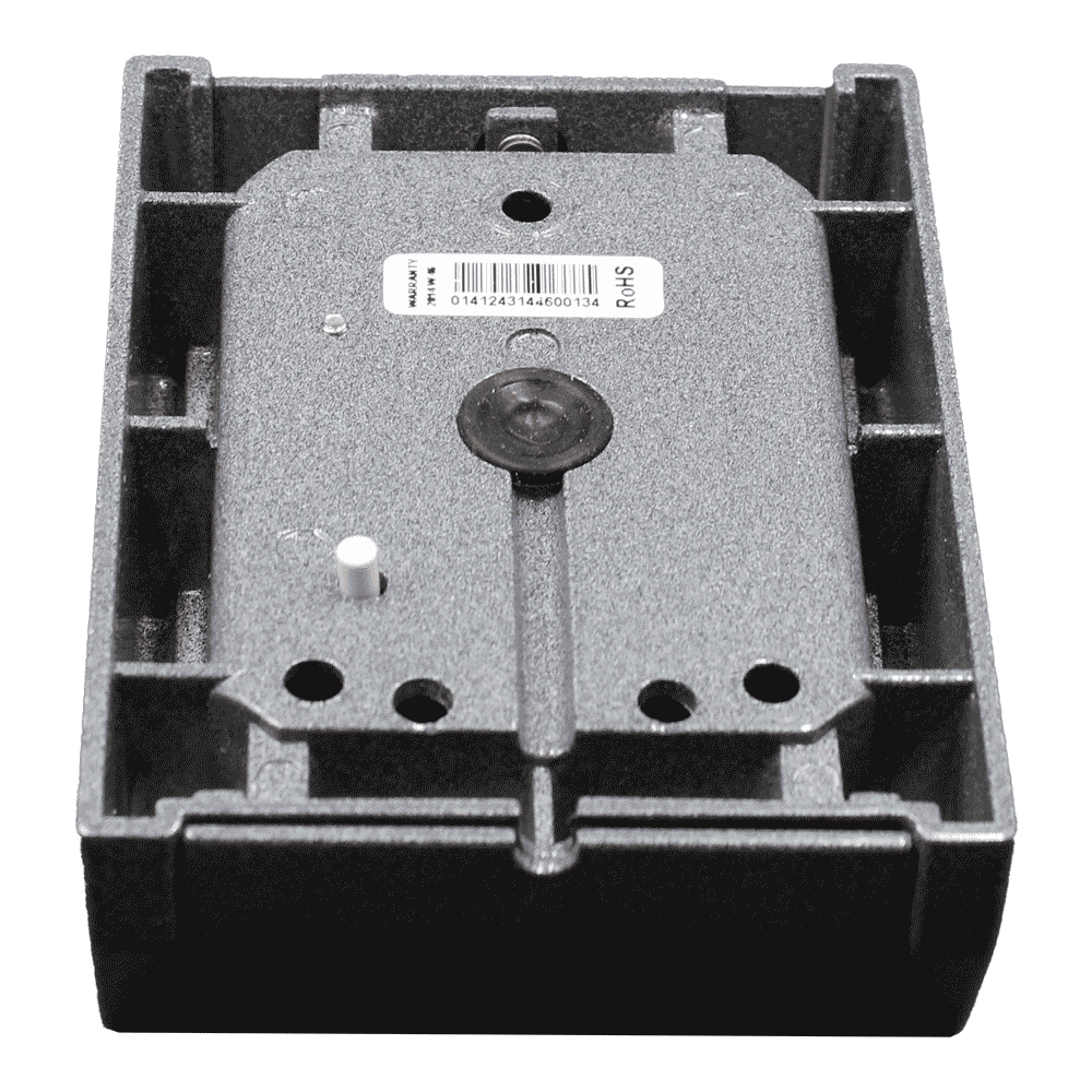 Aritech BUS-Codeschalter EX5M-52G, graues Aufputzgehäuse, Rückseite mit Montagebohrungen und Kabeldurchführung