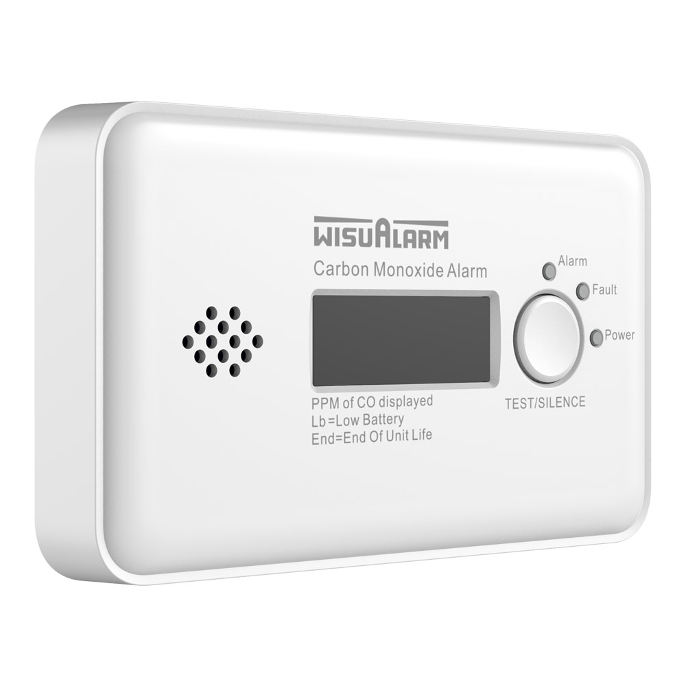 Kohlenmonoxidmelder mit Display, weiß, 10-Jahresbatterie, Frontansicht mit LCD, Test/Silence-Taste und Status-LEDs (Alarm/Fault/Power)