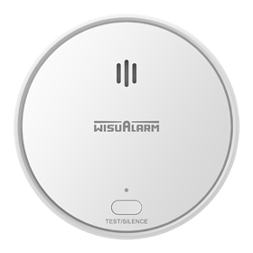 Dahua Funk-Rauchmelder, Frontansicht, rundes weißes Gehäuse mit WisuAlarm-Logo, Test/Silence-Taste.