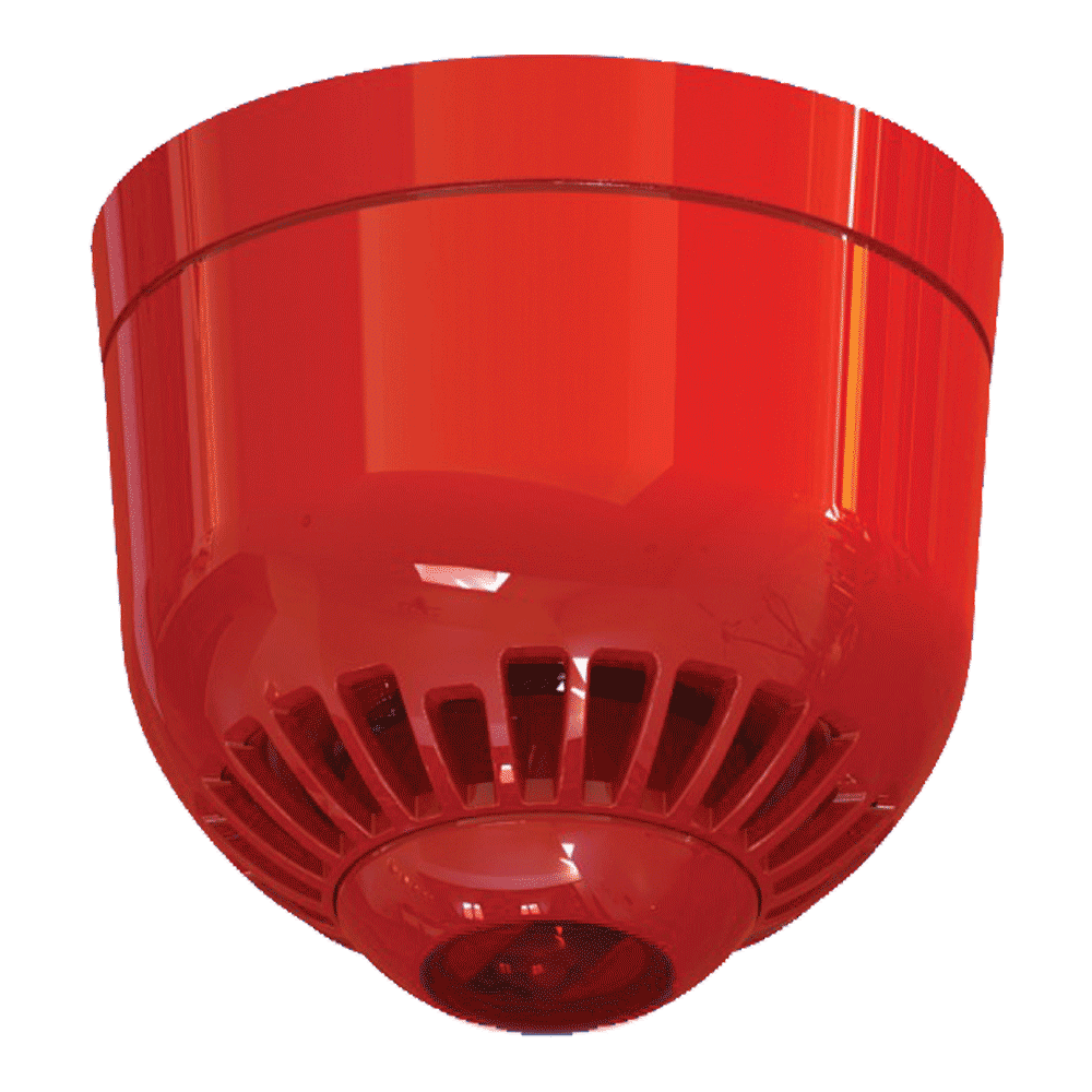 Kombisignalgeber für Deckenmontage, rot/rot, akustisch-optischer Alarmgeber mit roter Kalotte, Frontansicht