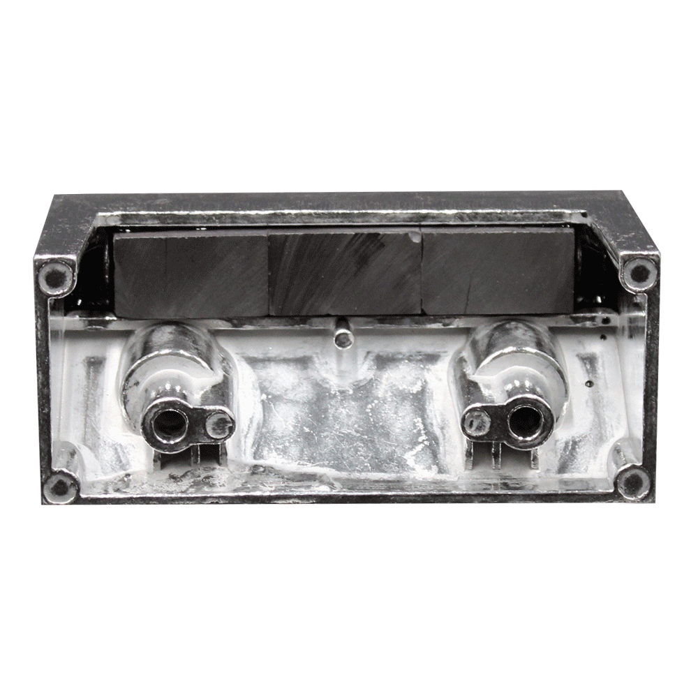 Innenansicht des Aritech Rolltorkontakts DC109 mit Anschlussöffnungen und Kontaktmechanik