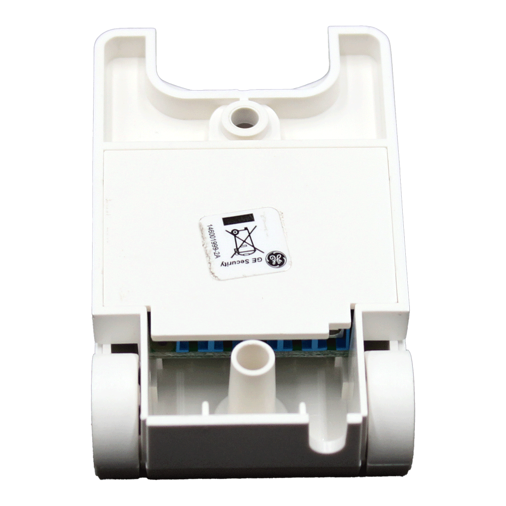 Überfallhandtaster mit Speicher-LED, Unterseite, weißes Gehäuse mit Montageöffnungen und Batteriefach sichtbar.