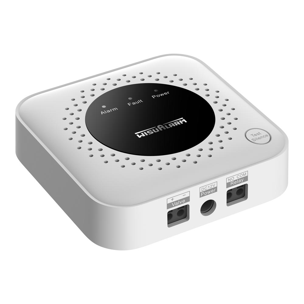 Dahua Gasmelder für Methan (Erdgas), weiß-schwarz, quadratische Front mit Statusanzeigen Alarm/Fault/Power und Test-Taste, draufsicht