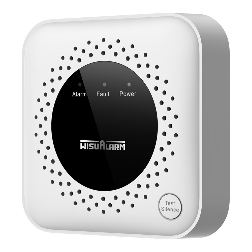 Dahua Gasmelder für Methan (Erdgas), weiß-schwarz, quadratische Front mit Statusanzeigen Alarm/Fault/Power und Test-Taste, diagonal links