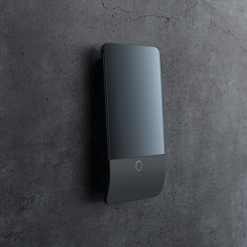 Jablotron 5" Touchbedienteil NATUS, anthrazit, schräge Frontansicht, montiert