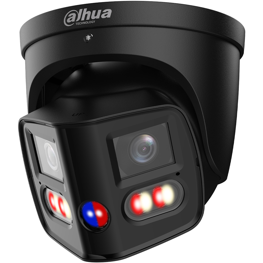 Dual-Lens-Eyeball-Kamera diagonal nach links gedreht, im schwarzen Gehäuse, mit beleuchteten IR- und Weißlicht