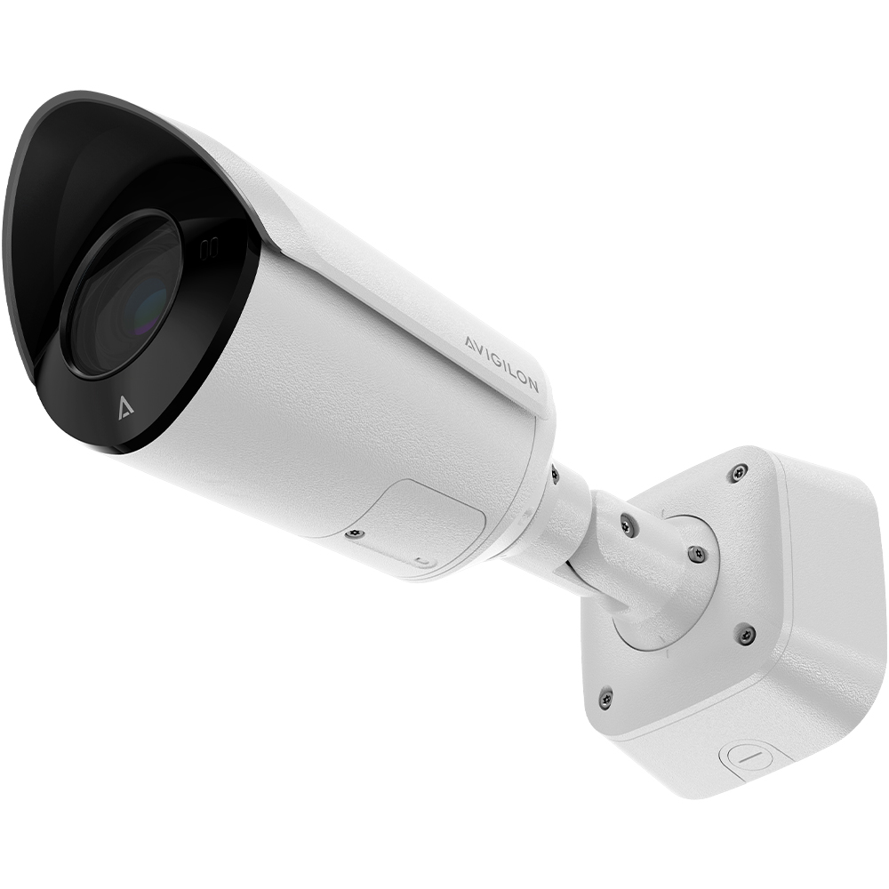 IP-Bullet-Kamera in weiß mit Avigilon Logo, diagonal nach Links ausgerichtet