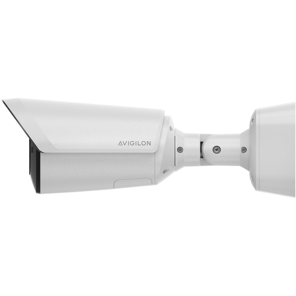 IP-Bullet-Kamera in weiß mit Avigilon Logo, nach Links ausgerichtet