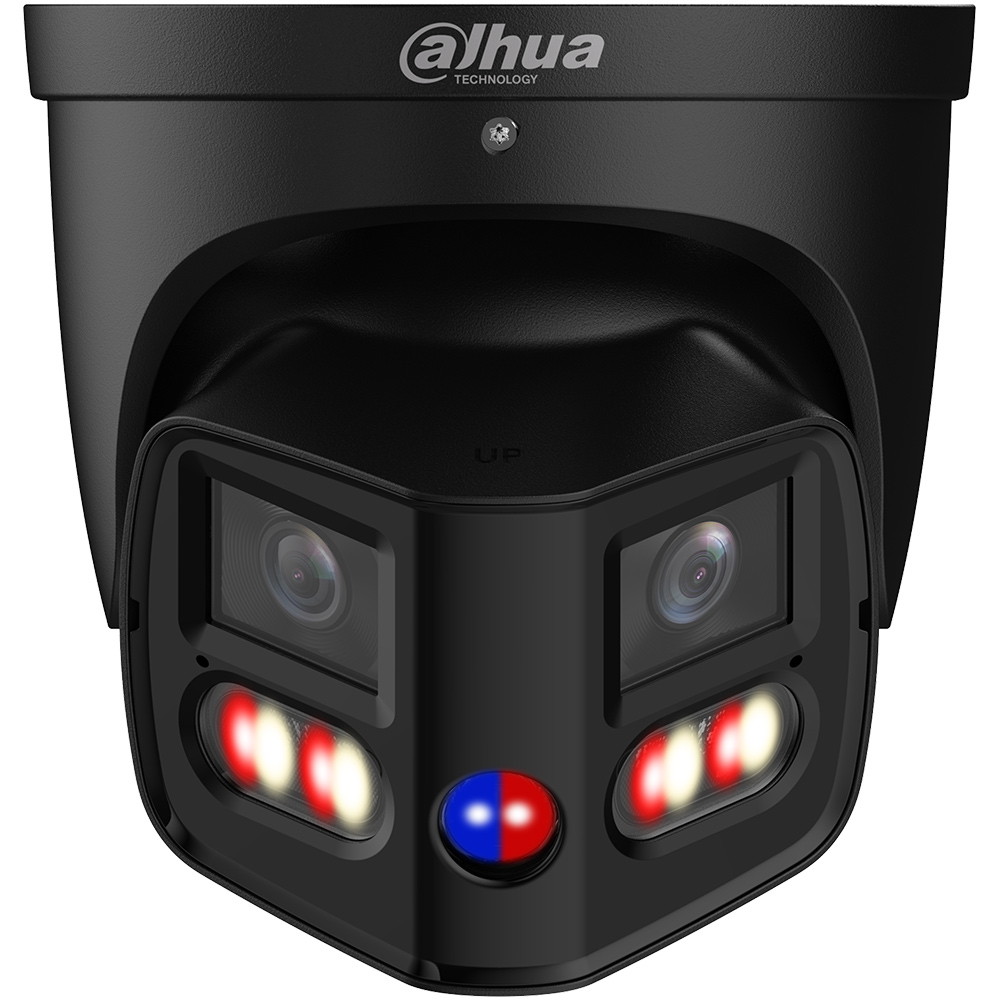 schwarze Dual-Lens-Eyeball-Kamera, frontalansicht mit leuchtenden IR- und Weißlicht 