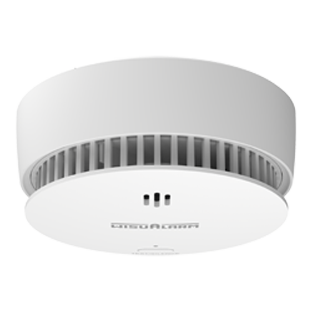 Dahua Funk-Rauchmelder, Decken-ansicht, rundes weißes Gehäuse mit WisuAlarm-Logo, Test/Silence-Taste.