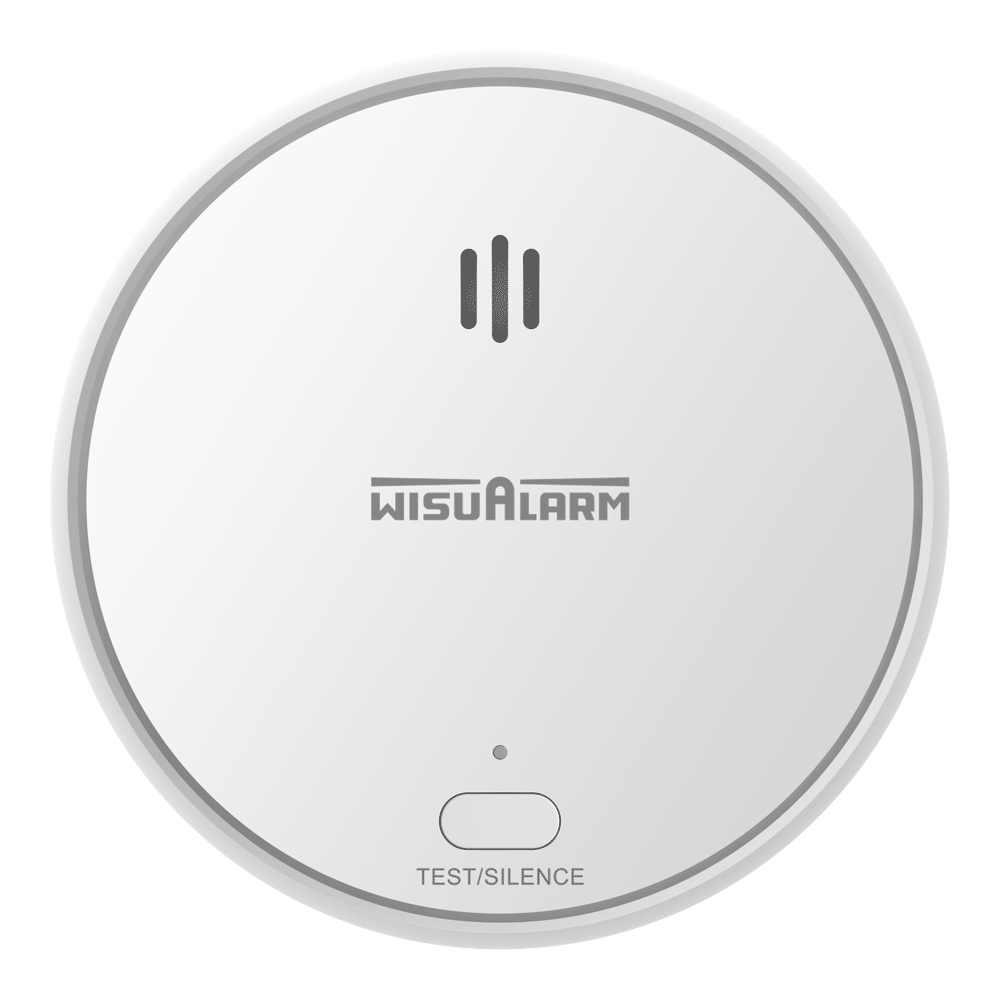 Dahua Standalone-Rauchmelder, Frontansicht, rundes weißes Gehäuse mit WisuAlarm-Logo und Test/Silence-Taste