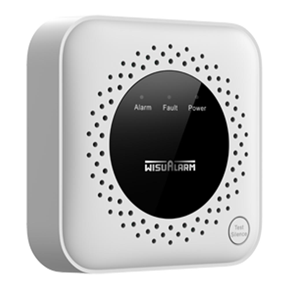 Dahua Gasmelder für Propan (LPG), weiß-schwarz, quadratische Front mit rundem Display, Statusanzeigen Alarm/Fault/Power und Test-Taste, diagonal rechts