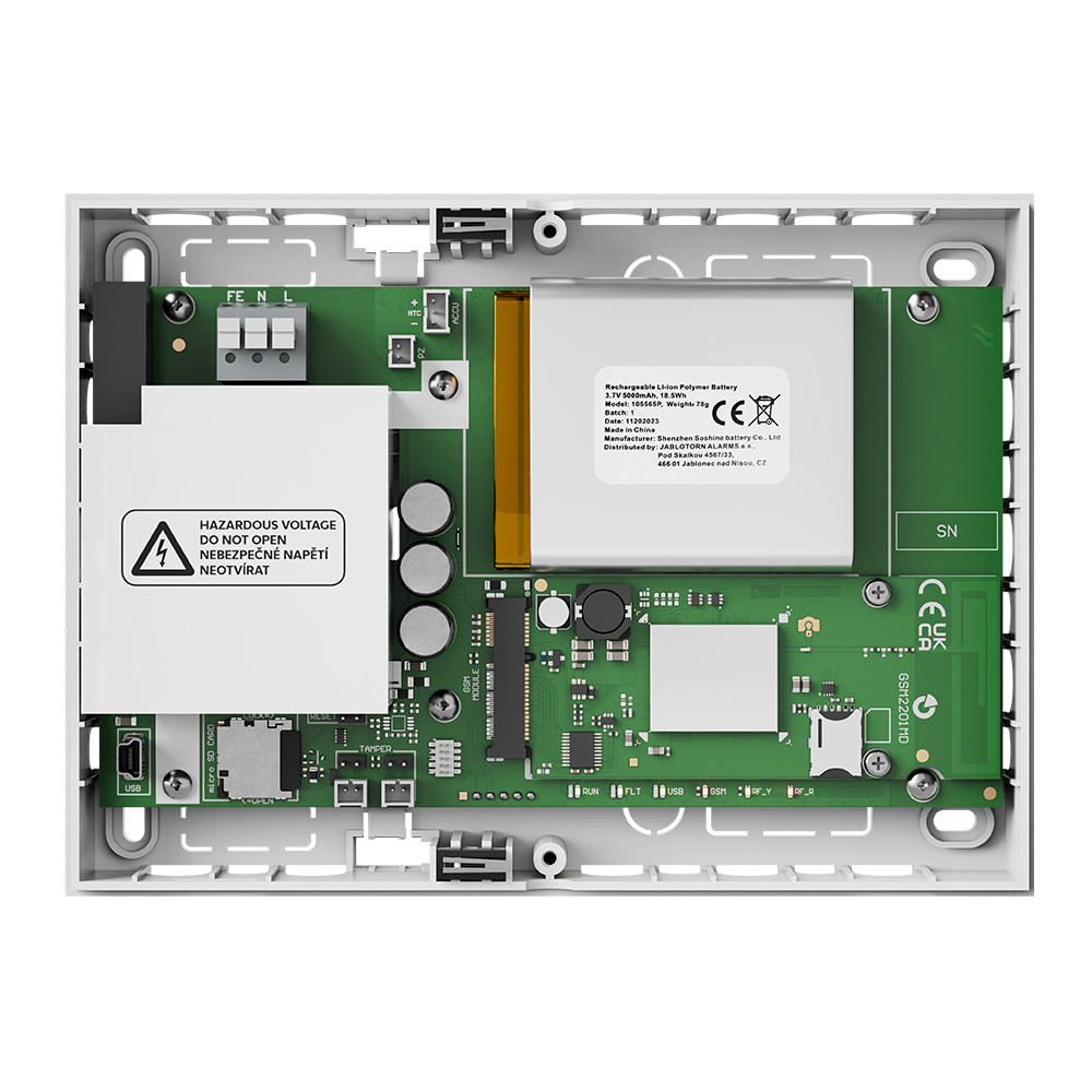 Jablotron Funkalarmzentrale JA-152KRY, geöffnet, Innenansicht mit Elektronik