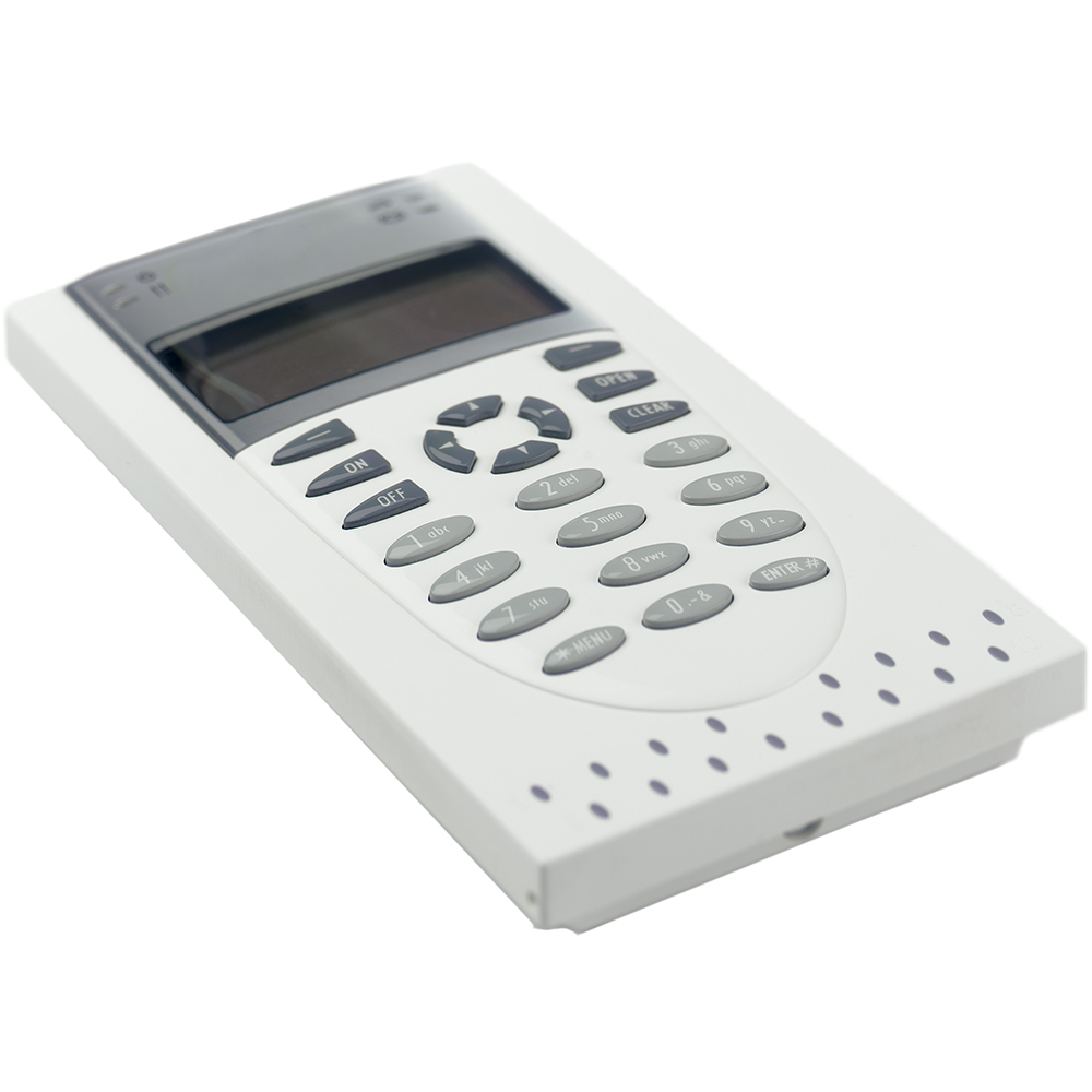 Aritech Bedienteil mit integriertem Kartenleser, geöffnet, weiße Tastatur mit Funktionstasten und LCD-Display, schräg von oben