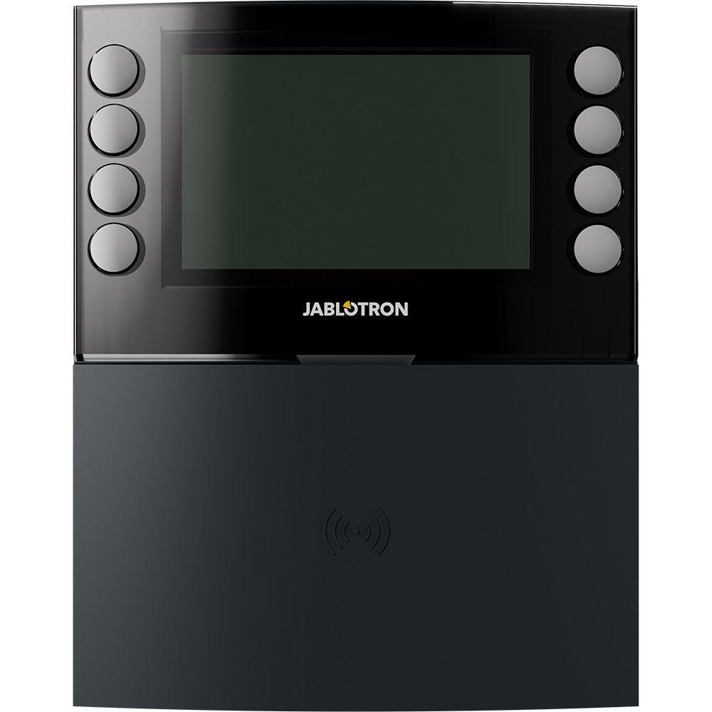Jablotron Funk-Bedienteil, anthrazit, mit LCD-Display, Tastatur und Funktionstasten, Frontansicht, geschlossen