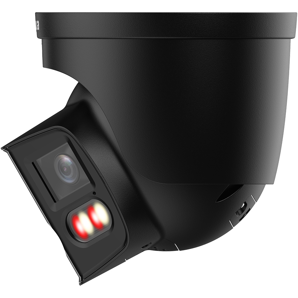 Seitenansicht Dual-Lens-Eyeball-Kamera mit leuchtenden IR- udn Weißlicht, im schwarzen Gehäuse