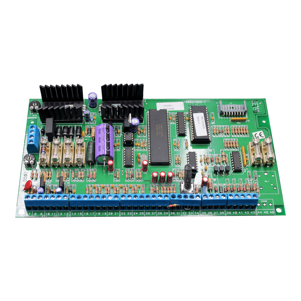 Frontansicht der Ersatzteilplatine für CD3404 VdS mit bestückten Bauteilen und Anschlussklemmen