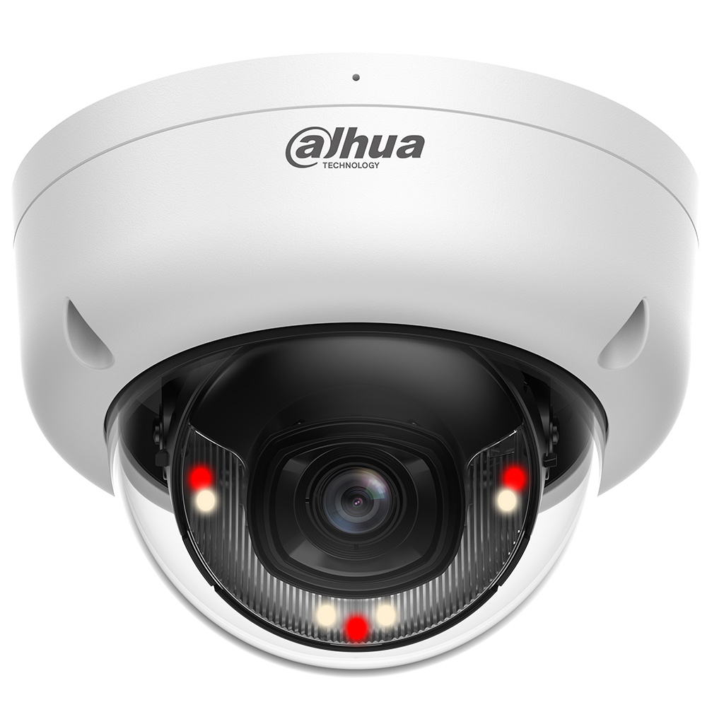 Frontansicht IP-Dome-Kamera in weiß mit aktiven LED und Weißlicht